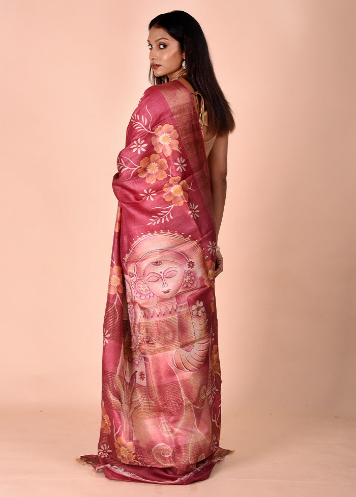 Pink Handloom Tussar Pure Silk Saree With Blouse Piece Deals