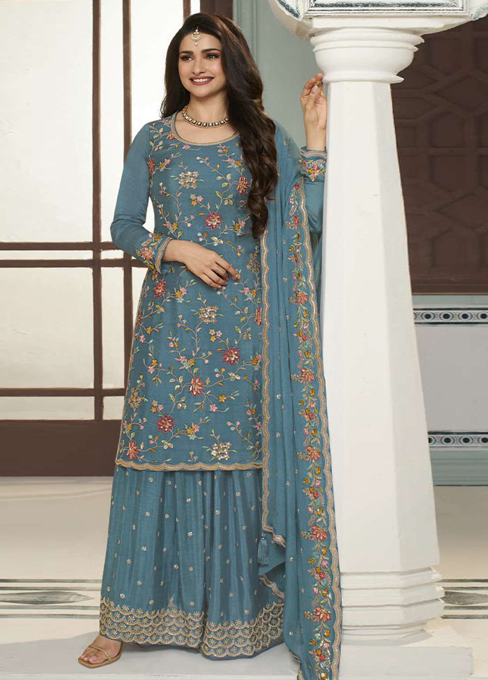 3 Pc Blue Semi Stitched Viscose Suit Set Deals