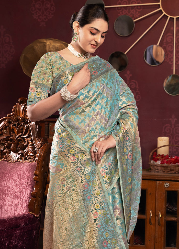 Sky Blue Spun Silk Saree With Blouse Piece Cheap Sale Pay With Paypal