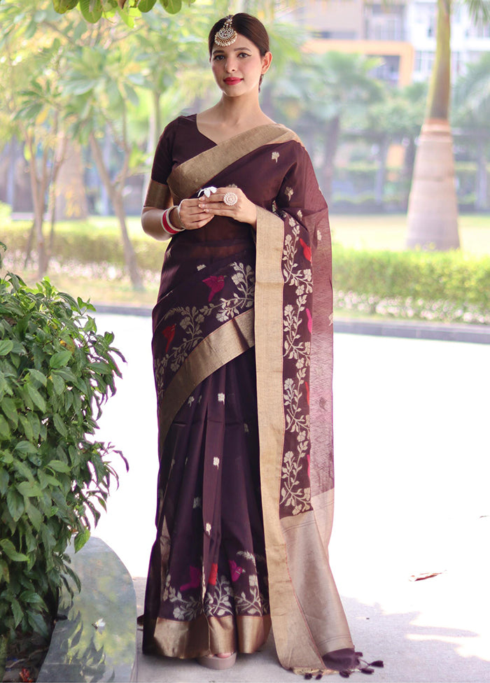 Coffee Linen Silk Saree With Blouse Piece Free Shipping For Sale