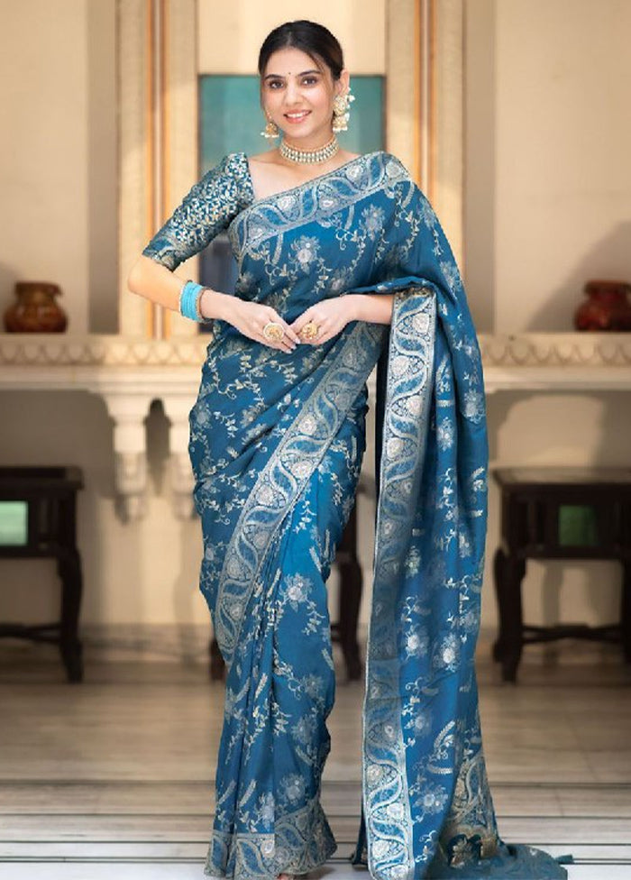 Teal Banarasi Silk Saree With Blouse Piece Free Shipping Sale Online