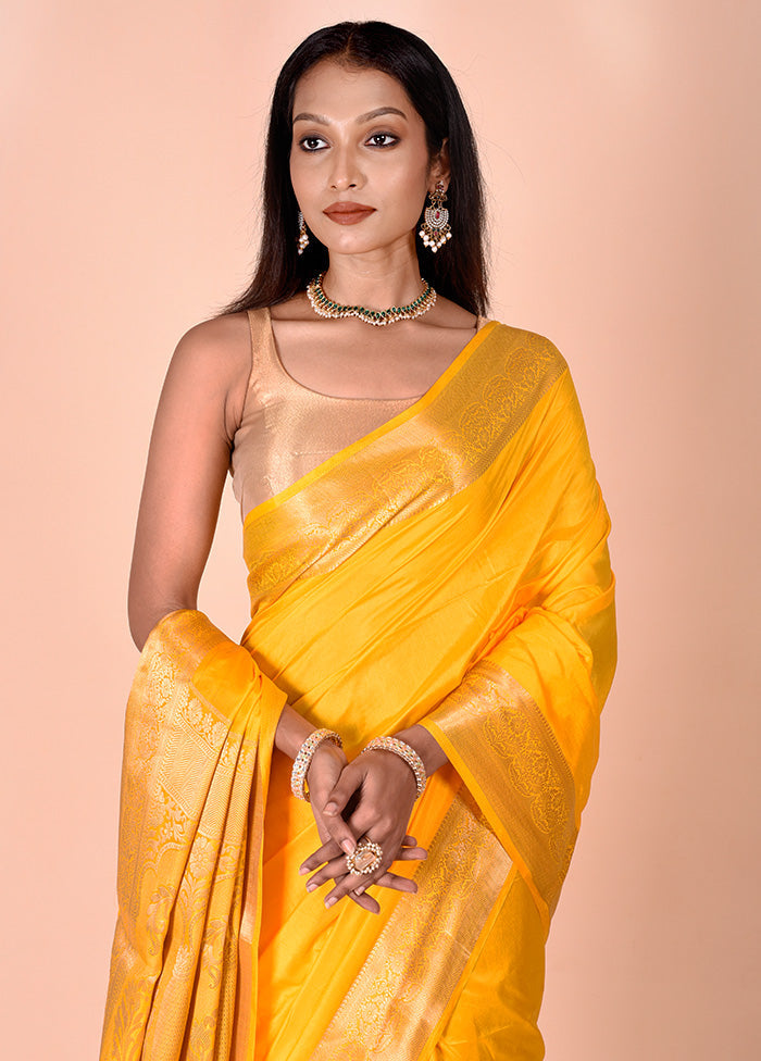 Yellow Dupion Silk Saree With Blouse Piece Clearance Get To Buy