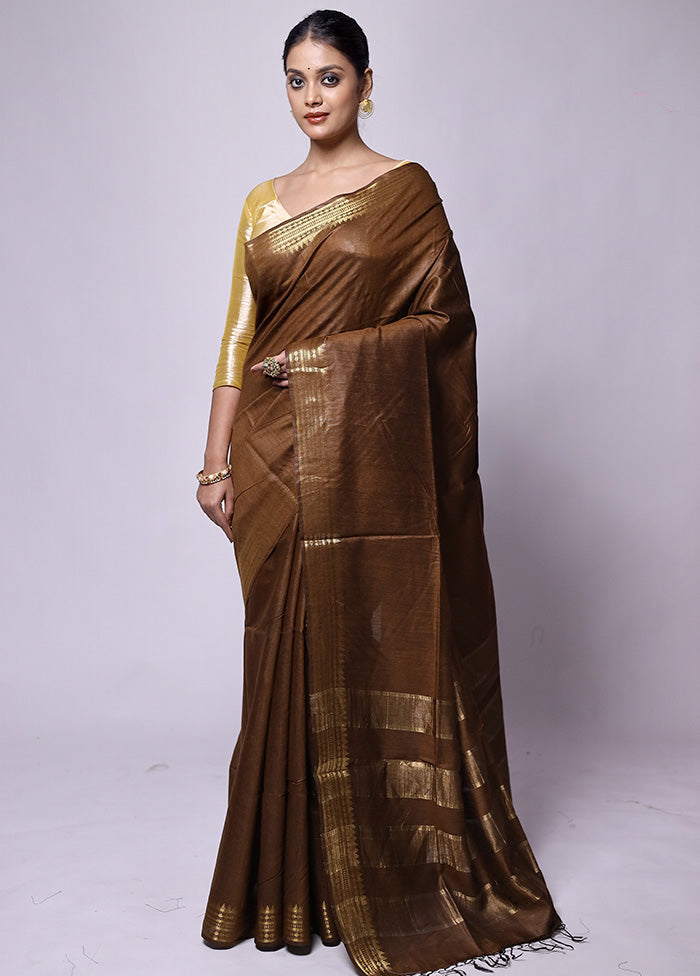 Brown Tussar Silk Saree With Blouse Piece Marketable Online