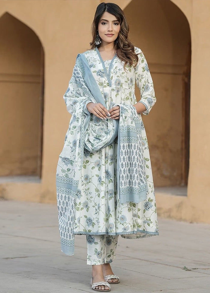 3 Pc White Readymade Cotton Dupatta Suit Set Shop For Sale