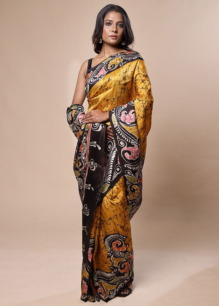 Yellow Printed Pure Silk Saree Without Blouse Piece 2025 Cheap Online