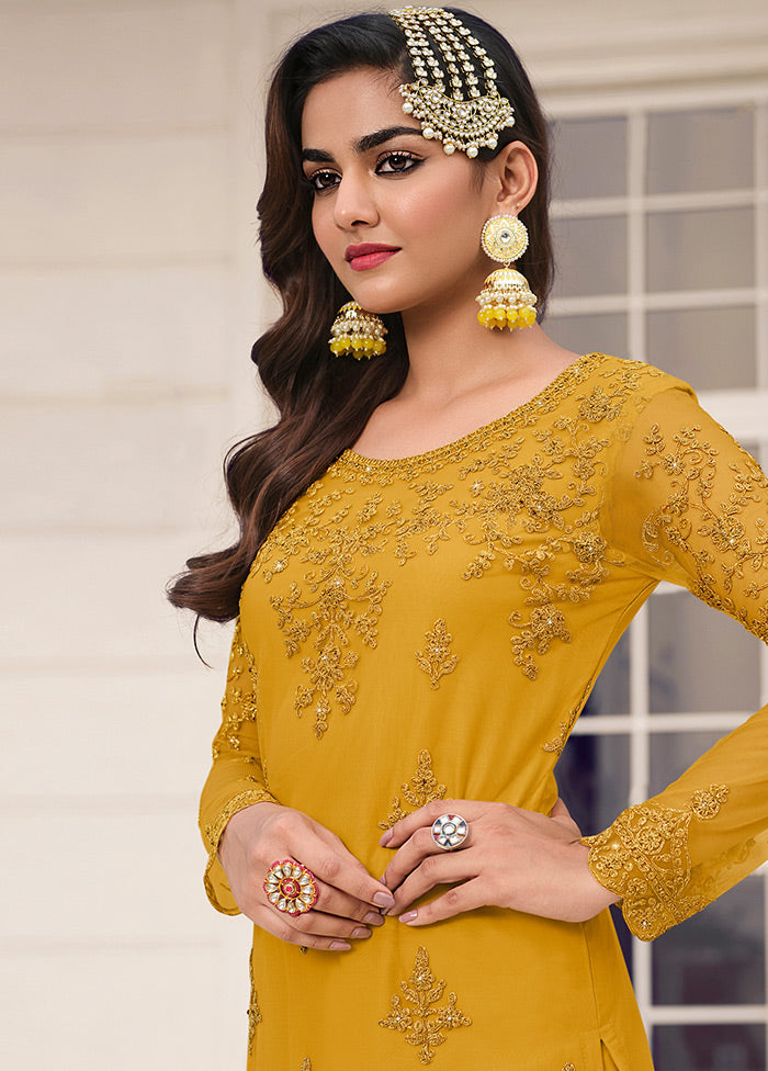 3 Pc Yellow Unstitched Net Suit Set Countdown Package Online