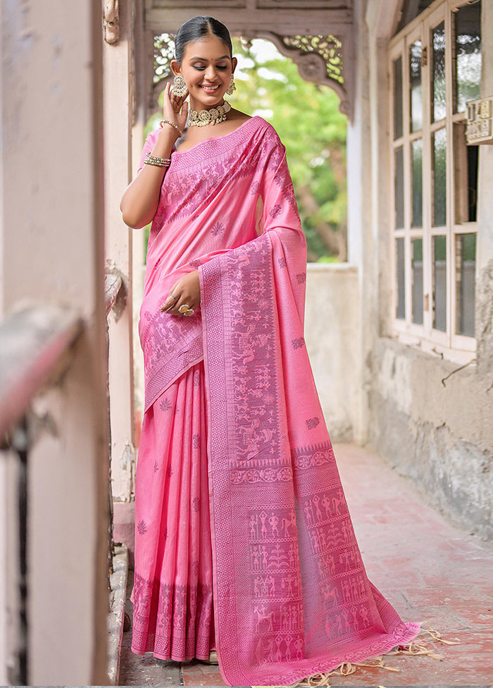 Pink Spun Silk Saree With Blouse Piece Free Shipping 100% Original