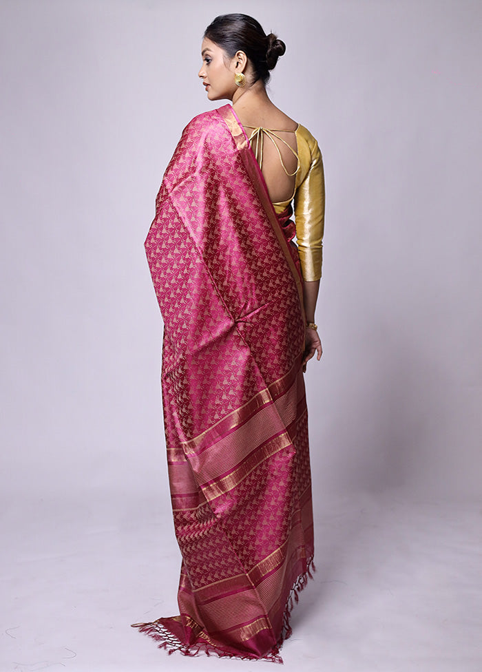 Pink Tussar Silk Saree With Blouse Piece Sale Authentic