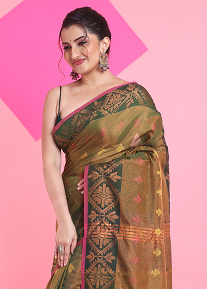 Green Spun Silk Saree With Blouse Piece Cheap Low Cost