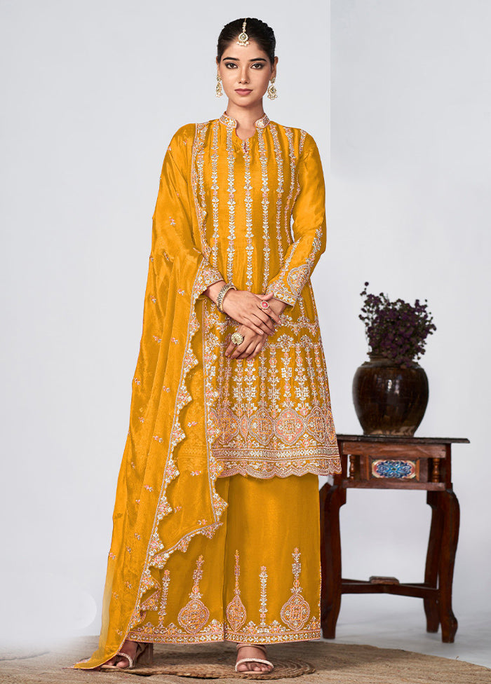 3 Pc Yellow Semi Stitched Silk Suit Set Cheap New Arrival