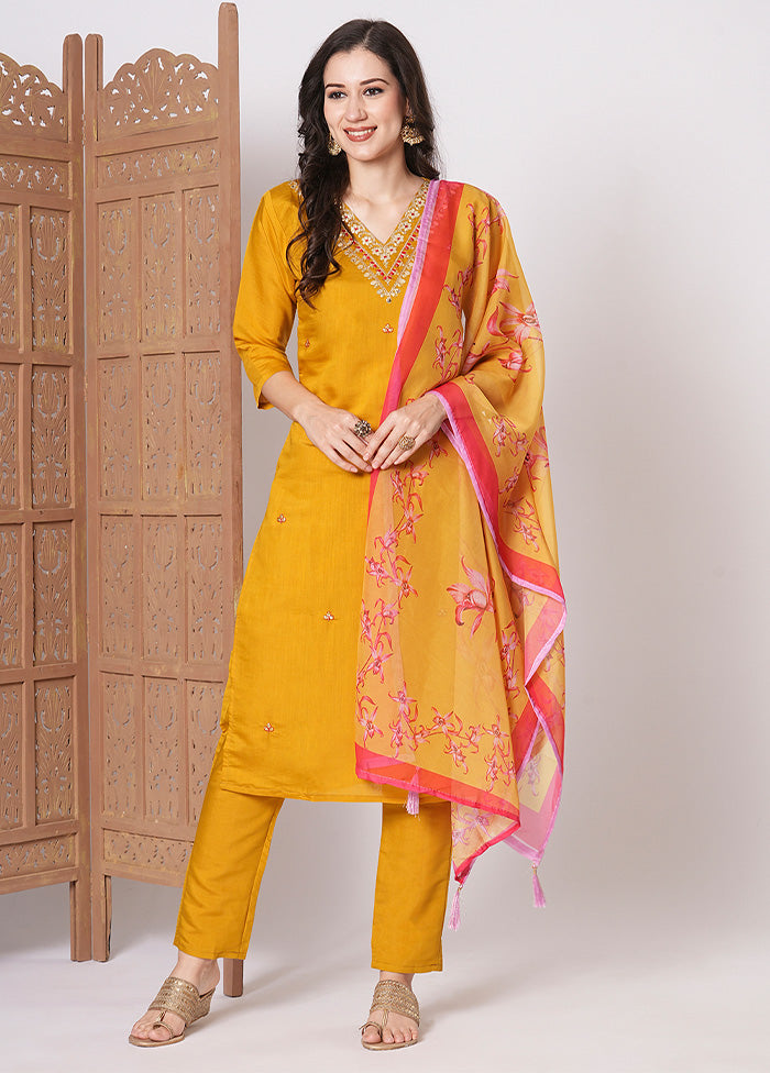 3 Pc Mustard Readymade Viscose Dupatta Suit Set For Sale For Sale