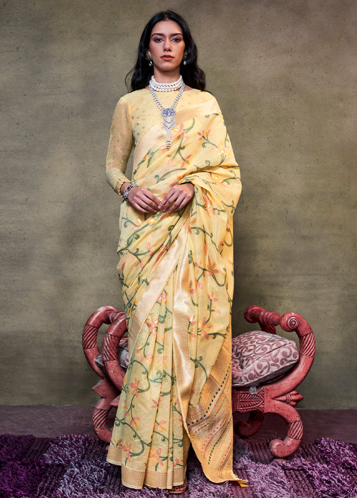 Yellow Cotton Saree With Blouse Piece Pay With Visa