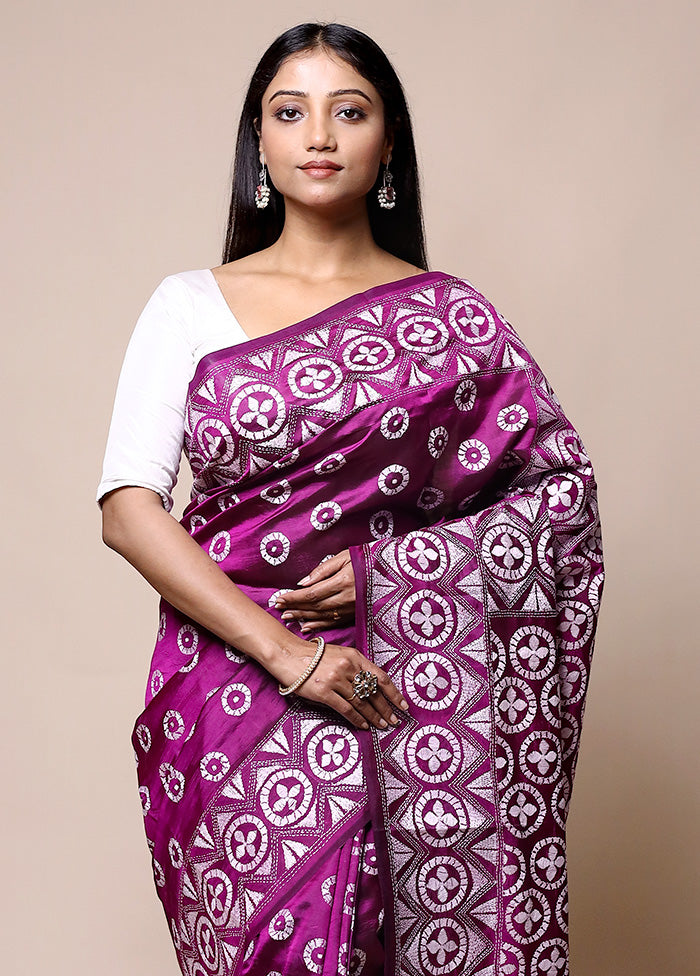 Purple Handloom Kantha Stitch Pure Silk Saree With Blouse Piece Sale View