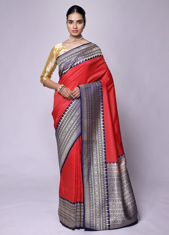 Red Dupion Silk Saree With Blouse Piece Official For Sale