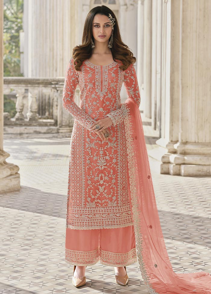 3 Pc Peach Semi Stitched Net Suit Set With Credit Card Online