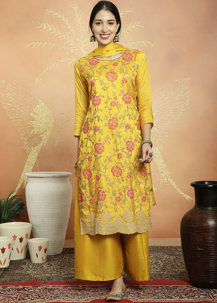 3 Pc Yellow Unstitched Silk Suit Set Release Dates Sale Online