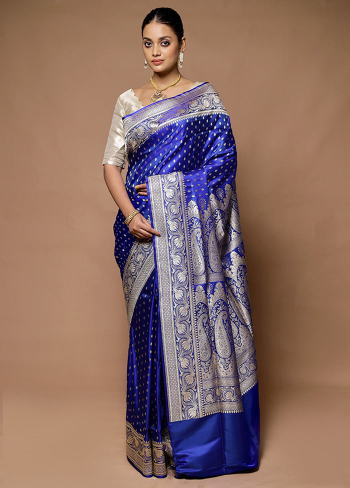 Blue Handloom Banarasi Pure Silk Saree With Blouse Piece Free Shipping Reliable