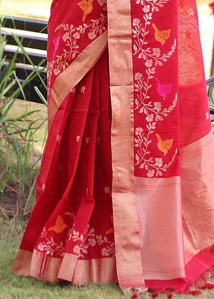 Red Linen Silk Saree With Blouse Piece Free Shipping Cheap Pice