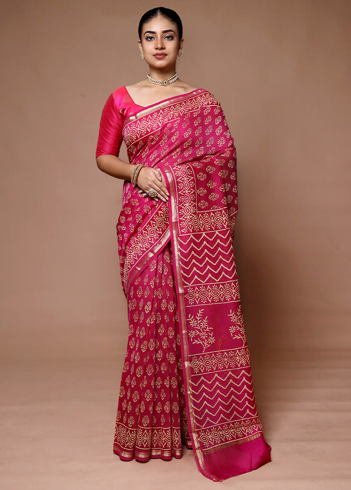 Pink Chanderi Cotton Saree With Blouse Piece Discount Low Pice