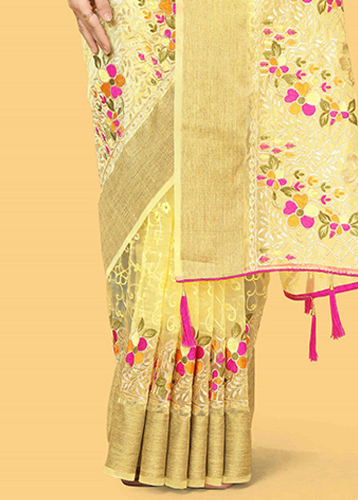 Yellow Organza Saree With Blouse Piece Free Shipping For Sale