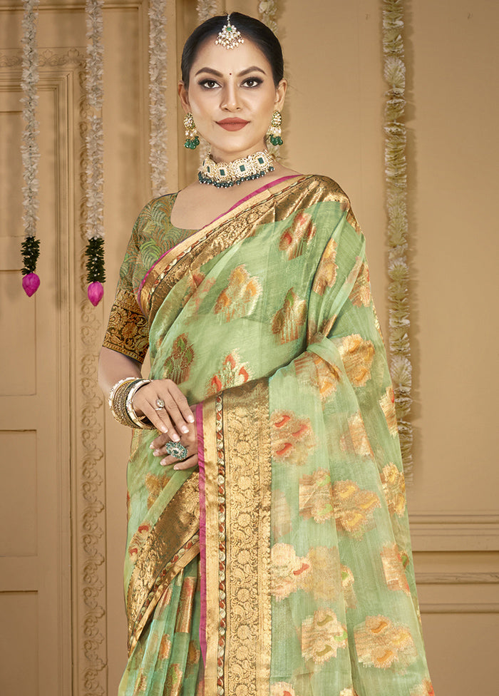 Pista Green Organza Saree With Blouse Piece Good Selling Online