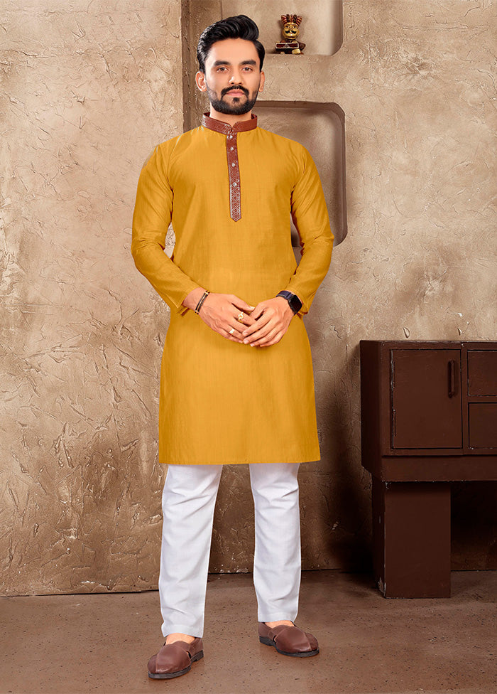 Mustard Silk Kurta And Pajama Set Free Shipping Inexpensive