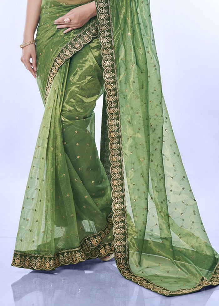 Green Net Net Saree With Blouse Piece Fashion Style Cheap Online