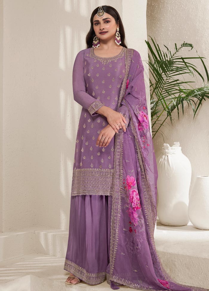 3 Pc Purple Semi Stitched Viscose Suit Set Cheap Pice