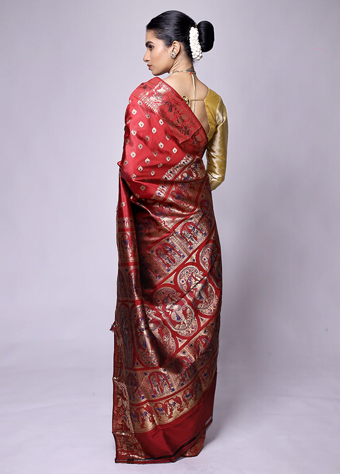 Red Handloom Baluchari Pure Silk Saree With Blouse Piece Free Shipping For Sale