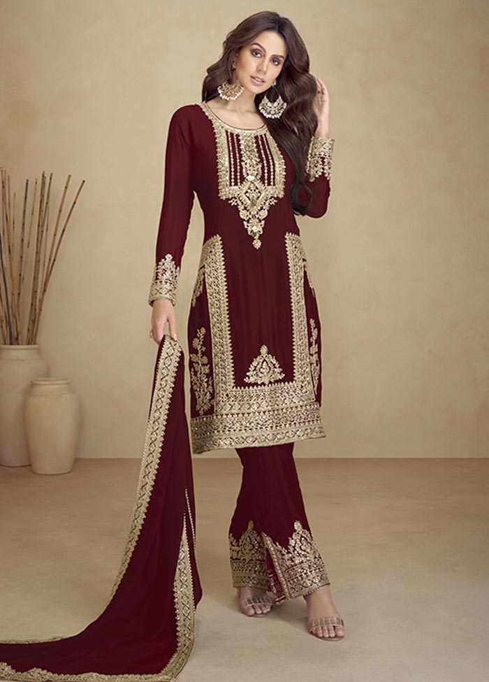 3 Pc Maroon Semi Stitched Georgette Suit Set Clearance Footaction