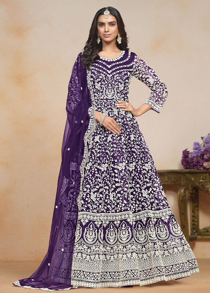 3 Pc Purple Semi Stitched Net Suit Set Pices Online