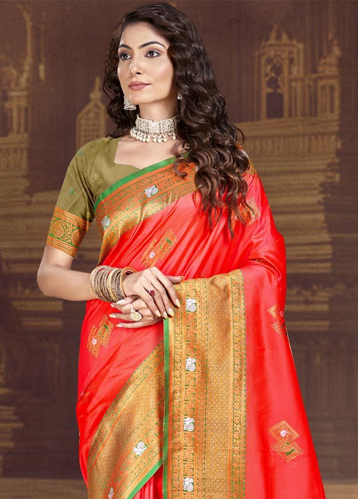 Red Dupion Silk Saree With Blouse Piece Countdown Package Cheap Online