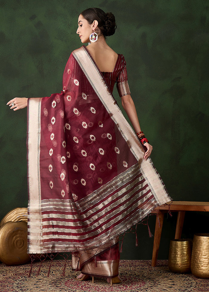 Maroon Organza Saree With Blouse Piece Clearance Online Fake