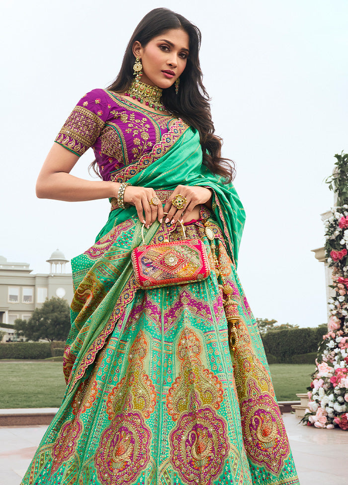 3 Pc Green Silk Semi Stitched Lehenga Set Supply Sale Online