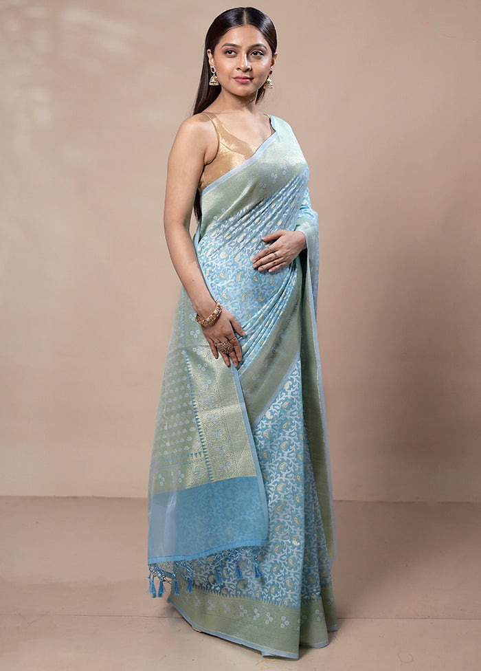 Sky Blue Kora Silk Saree With Blouse Piece 2025 Cheap Pice