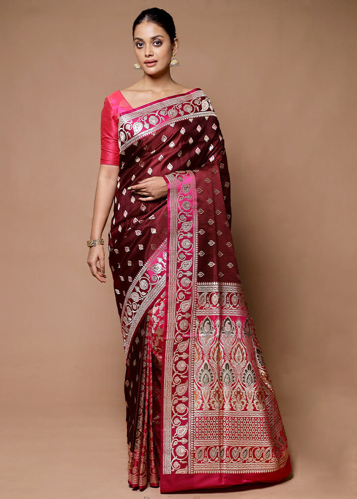 Maroon Handloom Banarasi Pure Silk Saree With Blouse Piece Discount Best Seller