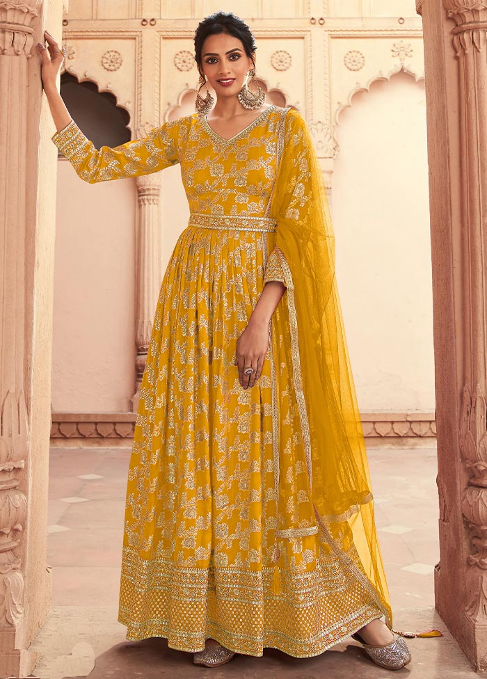 3 Pc Yellow Semi Stitched Silk Suit Set Buy Cheap Authentic