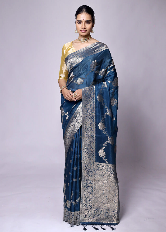 Blue Dupion Silk Saree With Blouse Piece Get To Buy