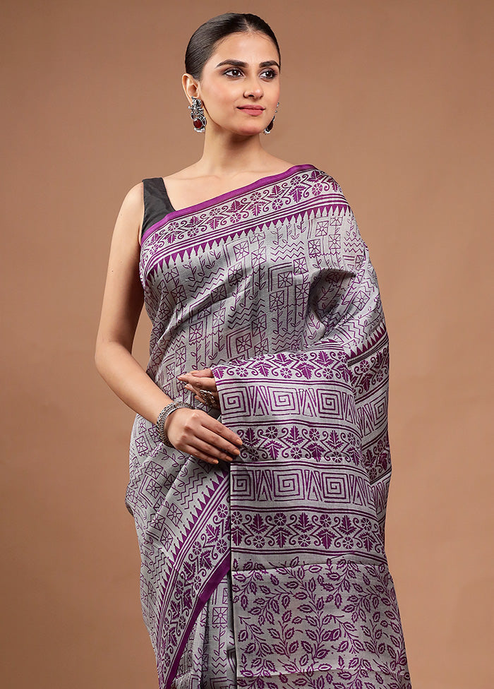 Grey Printed Pure Silk Saree Without Blouse Piece For Cheap Online