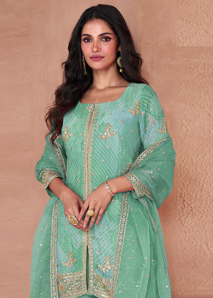 3 Pc Sea Green Semi Stitched Georgette Suit Set Browse For Sale