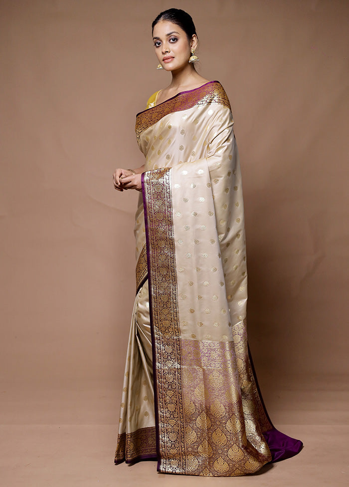 Cream Banarasi Silk Saree With Blouse Piece Cheap Sale Perfect