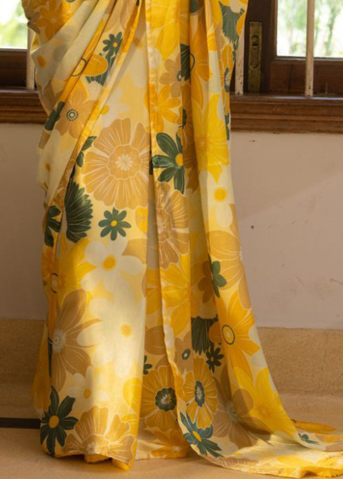 Yellow Satin Silk Saree With Blouse Piece Sale Enjoy