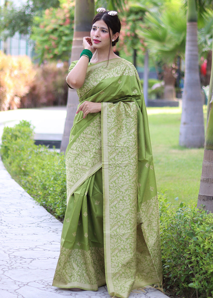 Mehendi Spun Silk Saree With Blouse Piece Clearance Pre Order