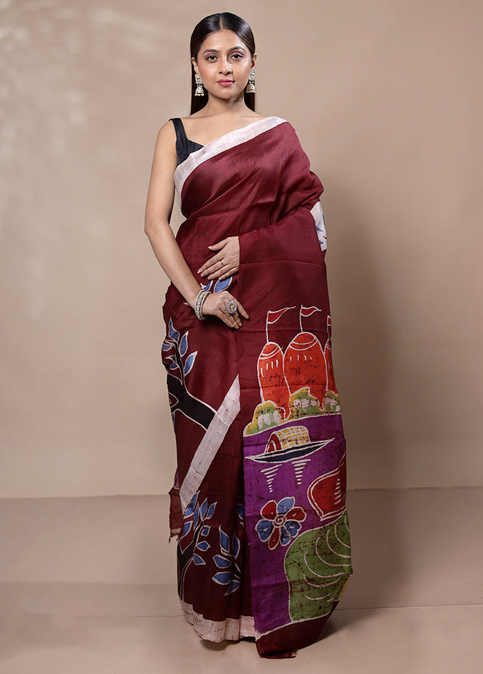 Maroon Printed Pure Silk Saree Without Blouse Piece Cheap Shop