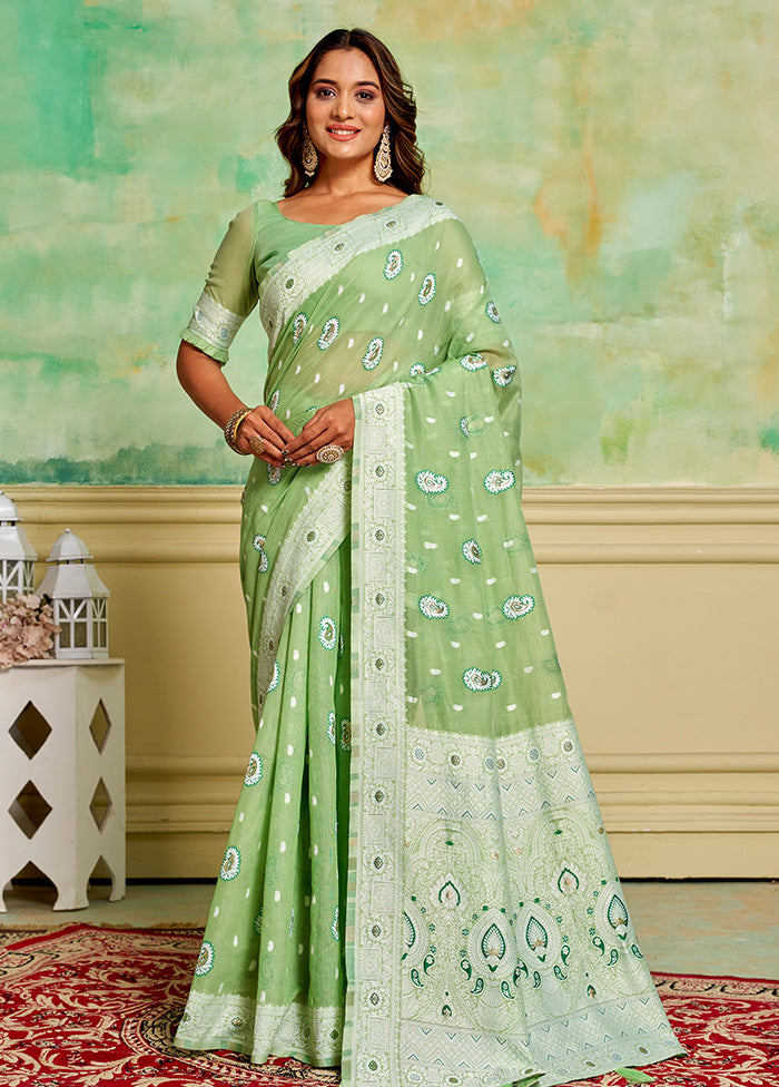 Pista Green Cotton Saree With Blouse Piece Cheap Sale Shop For