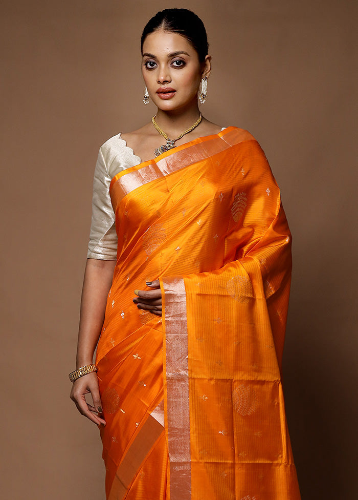 Orange Handloom Kanjivaram Pure Silk Saree With Blouse Piece Buy Cheap Best Pices