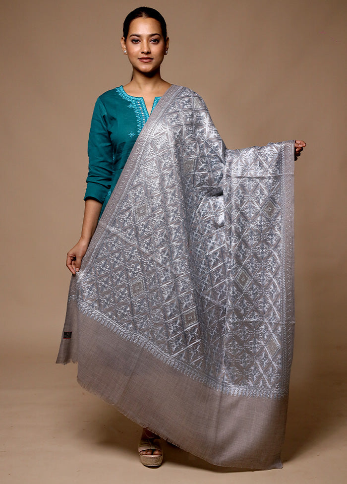 Grey Butta Work With Zari Woven Border Shawl Low Pice For Sale