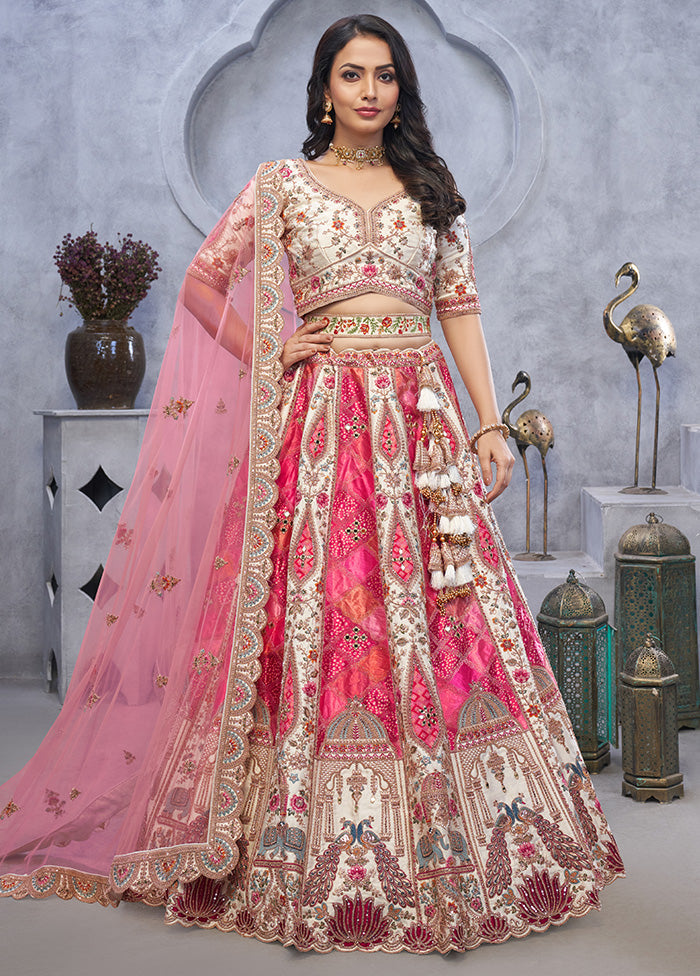 3 Pc Pink Silk Semi Stitched Lehenga Set Cheap Sale