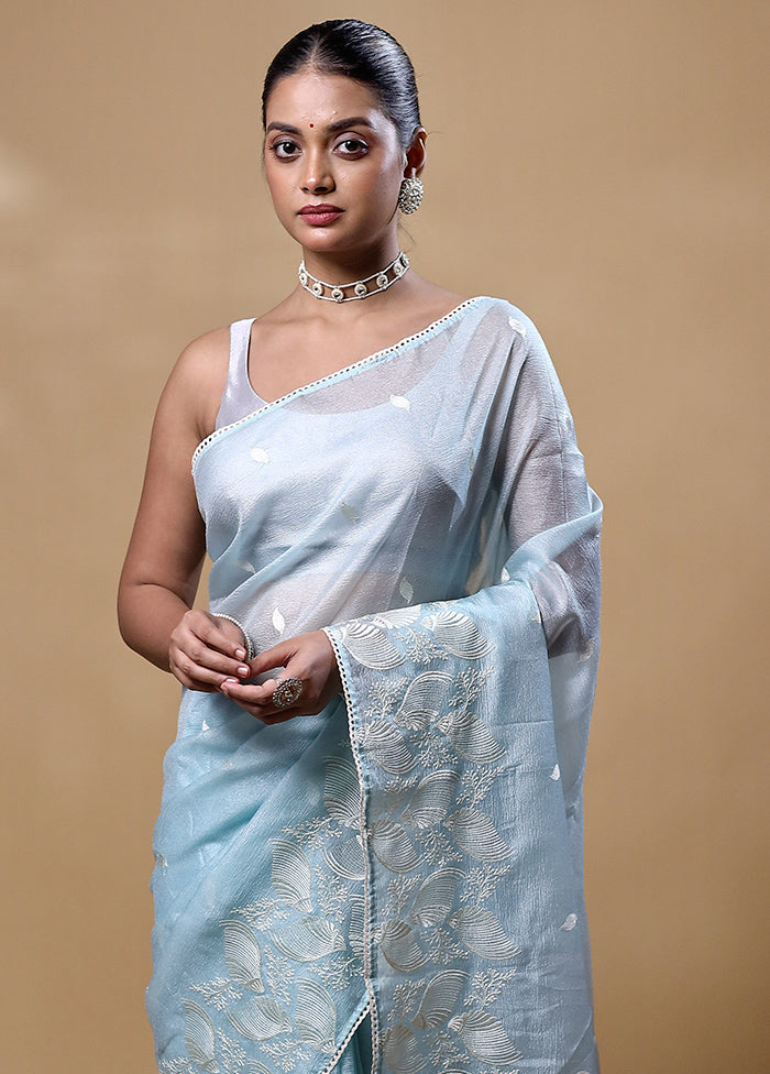 Blue Crushed Tissue Silk Saree With Blouse Piece Sale Browse