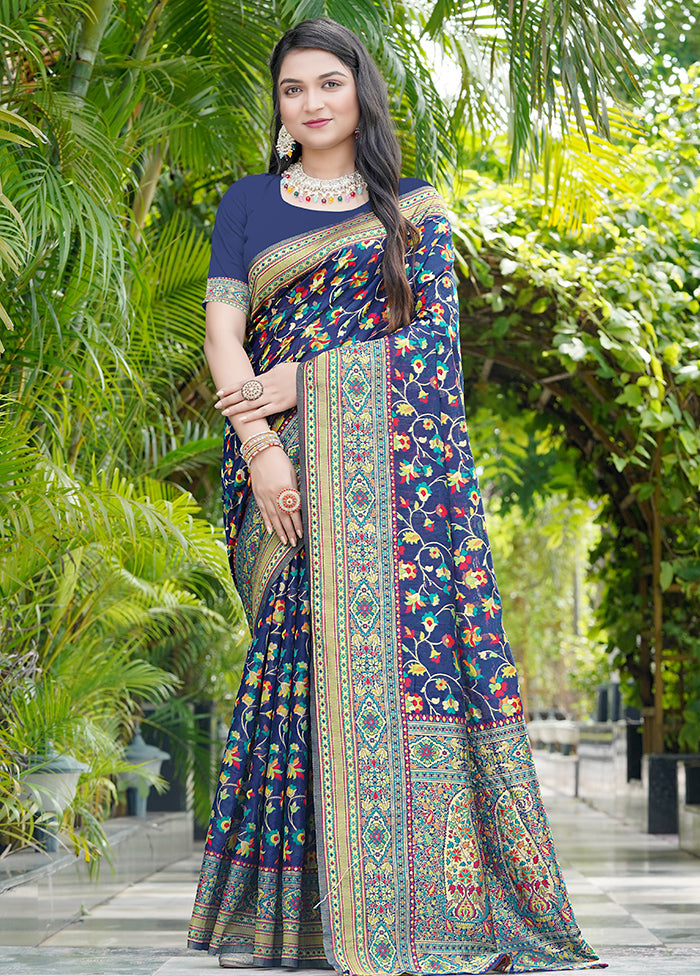 Navy Blue Pasmina Silk Saree With Blouse Piece Cost Online